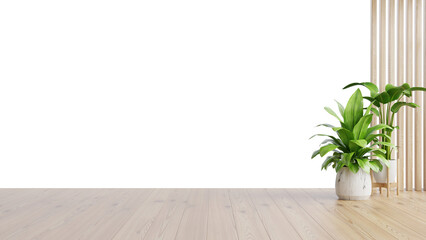 Wall transparent mockup with plants on a floor,Minimalist empty room with wooden floor.3d rendering.