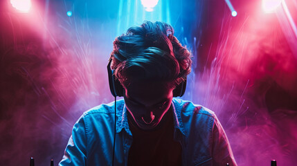 A handsome DJ playing music in a nightclub for video cover - obrazy, fototapety, plakaty