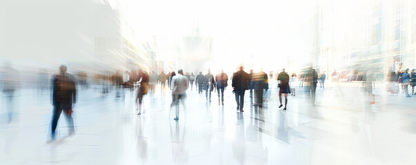 Business people walking transparently in a cityscape with slight motion blur and ultra overexposure. Cold temperature light. Cityscape gradient transitions to transparent white background.