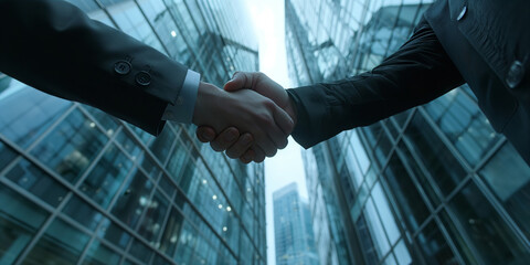 Close-up of businessmen shaking hands with a partner, against a finance and investment background featuring glass buildings. Shot from below with shallow depth of field.