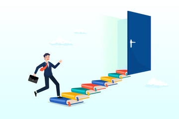 Businessman climb up book stack stair to reach opportunity door, education or learning for new opportunity, wisdom or knowledge to open door to success, solution, growth or career learning (Vector)
