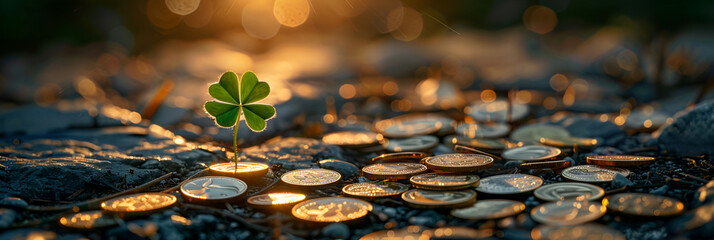 A green leafy plant with golden many coins sitting on dark surface and sunlight's background for St Patrick's Day concept background and wallpaper   - obrazy, fototapety, plakaty