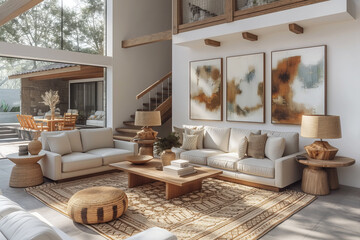 Wooden interior design of house with big window and nature view. Interior mockup. Generative AI