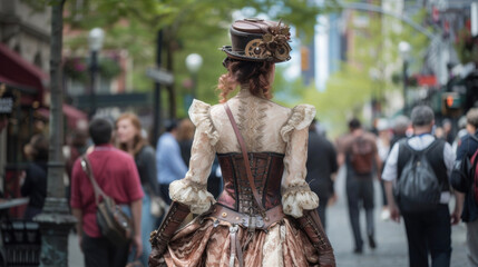 A Victorian lady strolls through the city streets in a voluminous lace and silk dress paired with a leather corset and bronze cogshaped accessories.