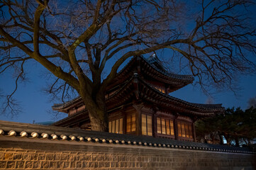 Fototapeta premium Night view of an ancient palace building in Seoul, South Korea