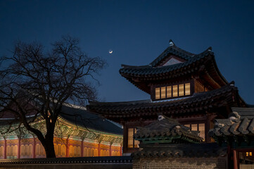 Night view of an ancient palace building in Seoul, South Korea