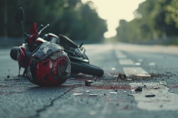 A motorcycle accident scene with a helmet and bike on the road. - obrazy, fototapety, plakaty