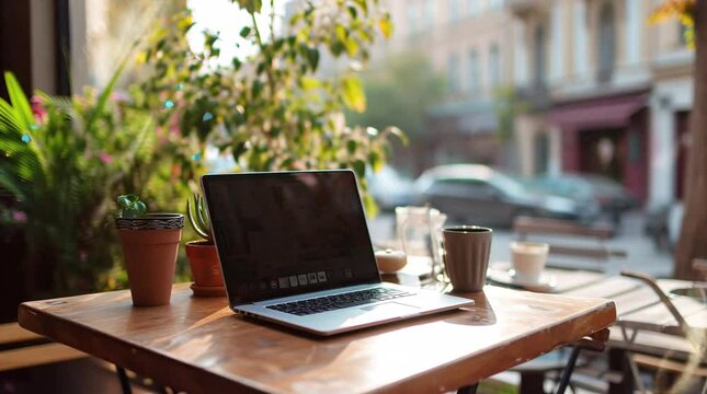 Laptop Coffee Break at Outdoor Cafe Table Seamless looping 4k time-lapse virtual video animation background. Generated AI