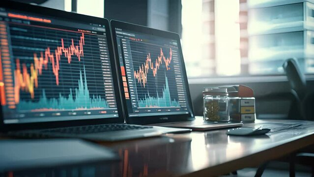 stock data monitor analyzing data stock market in monitoring room on the data presented in the chart, forex trading graph, stock exchange trading online, financial investmen