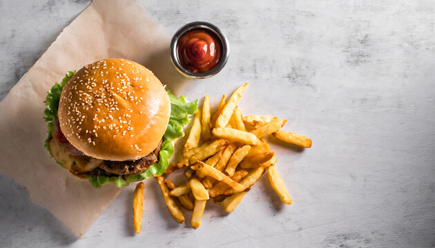 top view of cheeseburger with rench fries, copy space, american food, fast food concept