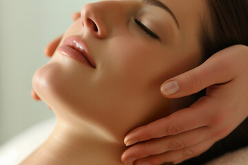 Obraz na płótnie Canvas Young woman enjoying relaxing facial massage in spa