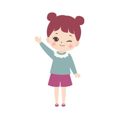 右手を挙げて案内をする女の子