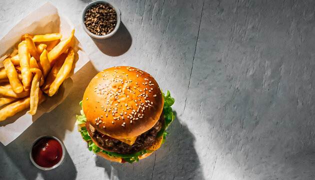 top view of cheeseburger with rench fries, copy space, american food, fast food concept