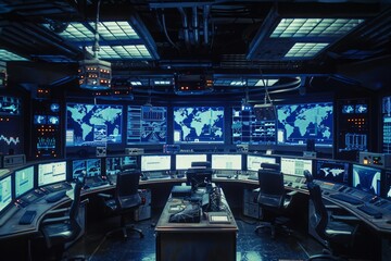 A control room filled with screens showing graphical data, maps, and texts, with ambient lighting and no visible people.