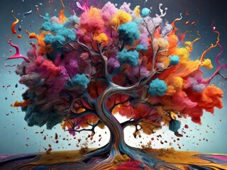 Obraz na płótnie Canvas colorful rainbow tree and splashing smoke bomb