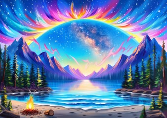 Cosmic Rainbow Over a Pristine Lake at Night with a Camping Fire and Northern Lights-Inspired Sky