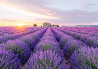 Fototapeta premium Peaceful sunrise over a vast lavender field leading to a farmhouse, embodying the fresh start of a day in a beautiful, pastoral landscape
