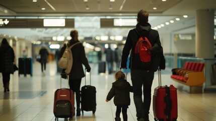 Two exhausted parents carry multiple suitcases while keeping a close eye on their wandering toddler in the bustling international departure hall.