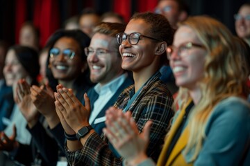 Team of professionals cheering and clapping during a successful product launch event, celebrating achievements and milestones, Generative AI - obrazy, fototapety, plakaty