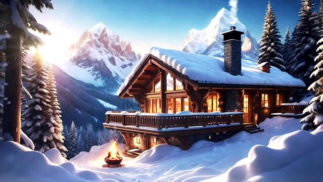 Beautiful chalet in the mountains in winter with campfire