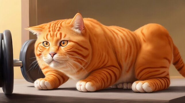 Captured in a detailed and realistic painting, the orange cat's determination shines through its intense focus and strained muscles. 
