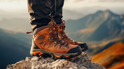 Trekking shoes in the mountains. Boots for hiking, closeup view
