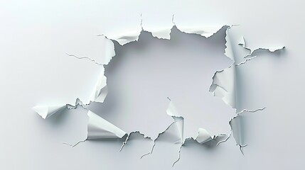 Paper hole with torn edges design template. Royalty high-quality free stock image of elongated torn paper fragments isolated on white background, hole in the sheet of torn paper fragments overlay