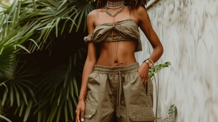 Embrace a laidback bohemian vibe with these loose flowy cargo trousers in a soft khaki color. Complete the look with a breezy offtheshoulder top and some statement jewelry.