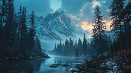 Beautiful mountain and lake. Created with generative AI.	 - obrazy, fototapety, plakaty