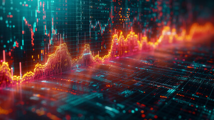 An abstract representation of a virtual stock market with digital graphs and charts depicting the rise and fall of currency exchange rates. The graphs are layered on top of
