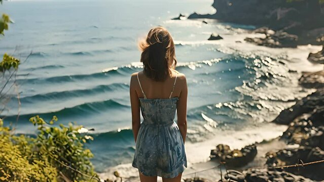 woman standing by the sea, alone, young female travel for recreation and relax lonely on summer, travel, vacation, worried, problem, nature, landscape, leave of work, vacation day