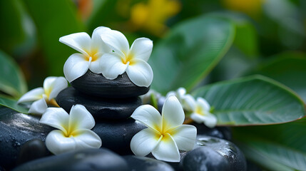 spa with white plumeria white flowersand black stones, generative ai
