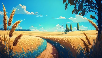 Poster Windmill in rural wheat field, yellow countryside path under blue sky with fluffy clouds © CraftyStar Visual