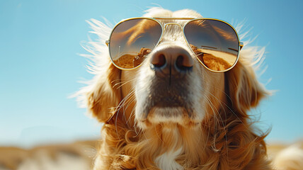 Hilarious closeup of a dog in aviator sunglasses embodying the spirit of cool and funny animal fashion