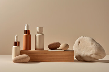skincare products on a clean light beige background, accentuating their simplicity and elegance in a minimalist composition that emphasizes cleanliness and purity. Generative AI technology