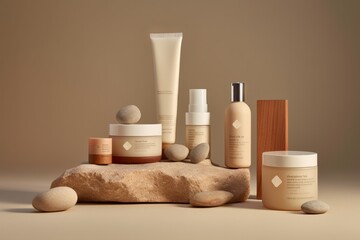 skincare products on a clean light beige background, accentuating their simplicity and elegance in a minimalist composition that emphasizes cleanliness and purity. Generative AI technology