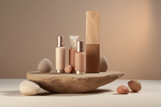 skincare products on a clean light beige background, accentuating their simplicity and elegance in a minimalist composition that emphasizes cleanliness and purity. Generative AI technology