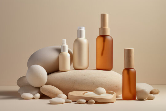 skincare products on a clean light beige background, accentuating their simplicity and elegance in a minimalist composition that emphasizes cleanliness and purity. Generative AI technology