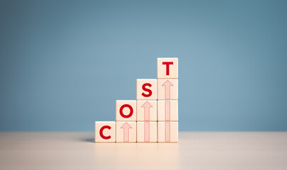 Interest rate finance and mortgage rates. Wooden blocks with word cost and red arrow up, financial growth, interest rate increase, inflation, sale price, and tax rise concept. Manage company crisis.