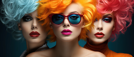The three rainbow-haired wonders. Three fashionable women with uniquely colored hair stand together, showcasing their individuality and style choices - obrazy, fototapety, plakaty