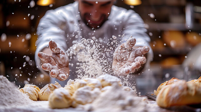 A chef's hands are captured mid motion as they dust flour over a wooden surface for pasta preparation in a cozy kitchen.