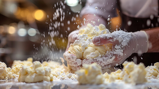A chef's hands are captured mid motion as they dust flour over a wooden surface for pasta preparation in a cozy kitchen.