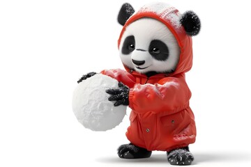 Adorable Baby Panda in Red Coat Holding Snowball