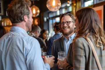 Friends Laughing and Socializing at a Networking Event - obrazy, fototapety, plakaty
