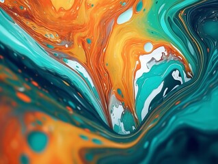 Abstract liquid art with pastel vibrant colors saturated in orange, green, black, and white, blending harmoniously to create a visually captivating composition. Generative AI technology
