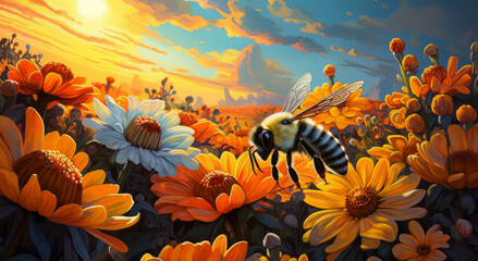 bees, flowers and the sunsets by jane samson, in the style of hyper-realistic pop-art fusion,...