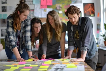 Fototapeta premium Creative Team of Students Collaborating with Sticky Notes in an Office
