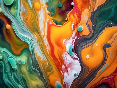 Abstract liquid art with pastel vibrant colors saturated in orange, green, black, and white, blending harmoniously to create a visually captivating composition. Generative AI technology