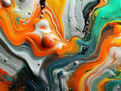 Abstract liquid art with pastel vibrant colors saturated in orange, green, black, and white, blending harmoniously to create a visually captivating composition. Generative AI technology