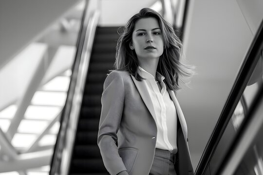 Black and White Portrait of a Businesswoman Walking on an Escalator